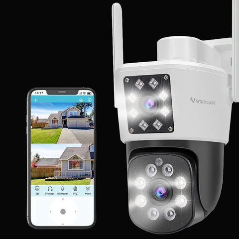 Dual Lens Outdoor Security Camera — 1080P, Pan/Tilt, Starlight Color Night Vision, Light & Siren Alarm, Two-Way Audio